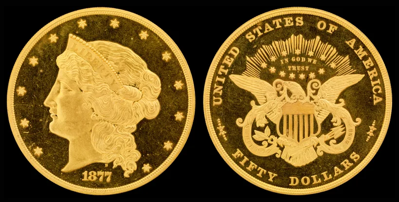 Obverse and reverse of an 1877 United States fifty-dollar Half Union gold pattern coin