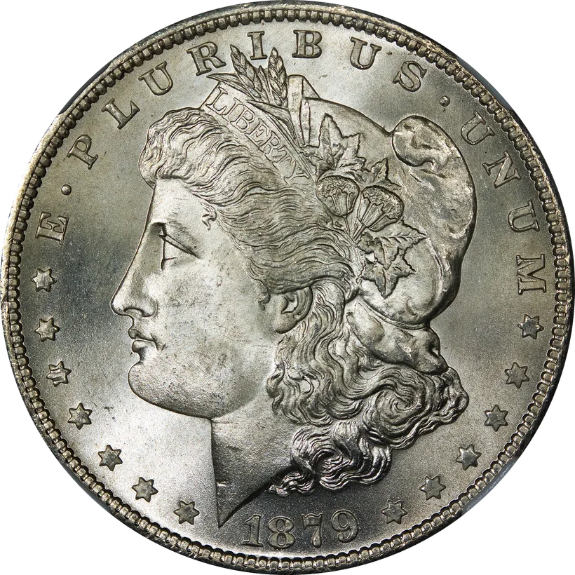 Obverse of an 1879-S Morgan silver dollar graded Mint State 67