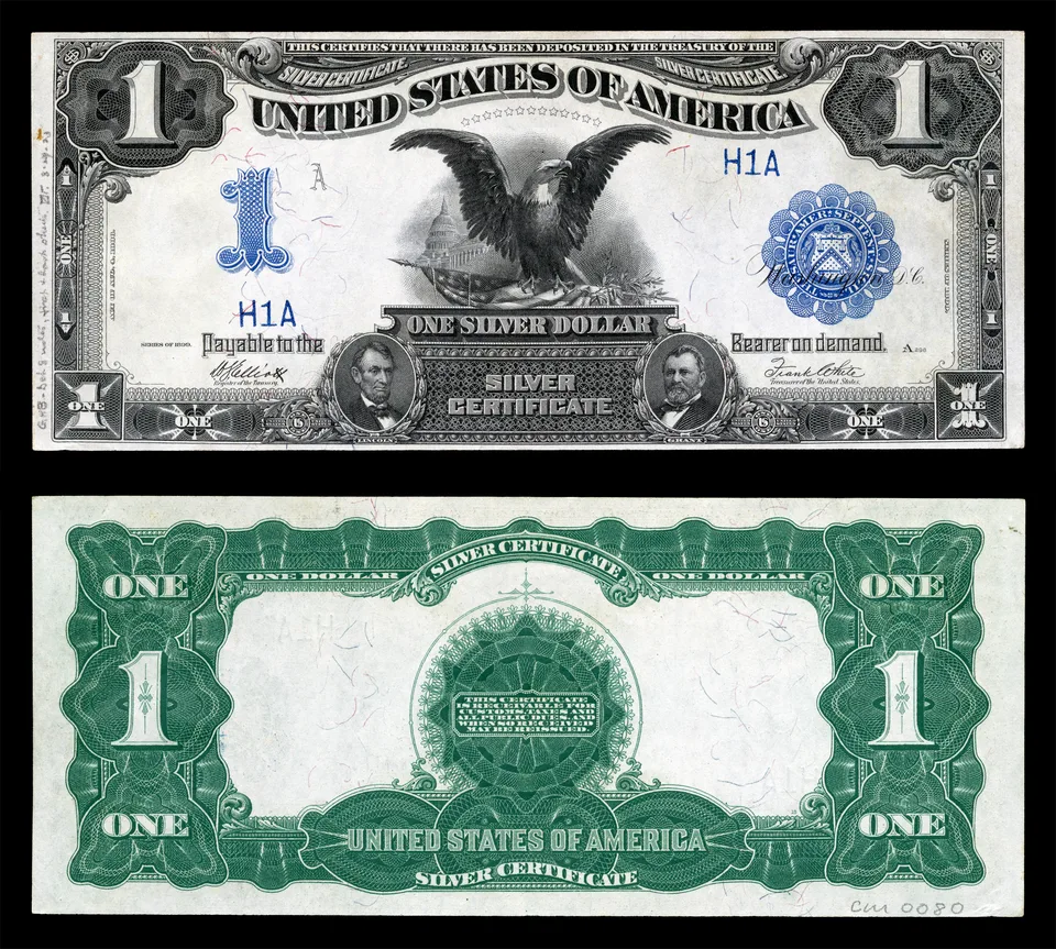 Front and back of an 1899 one-dollar Black Eagle silver certificate
