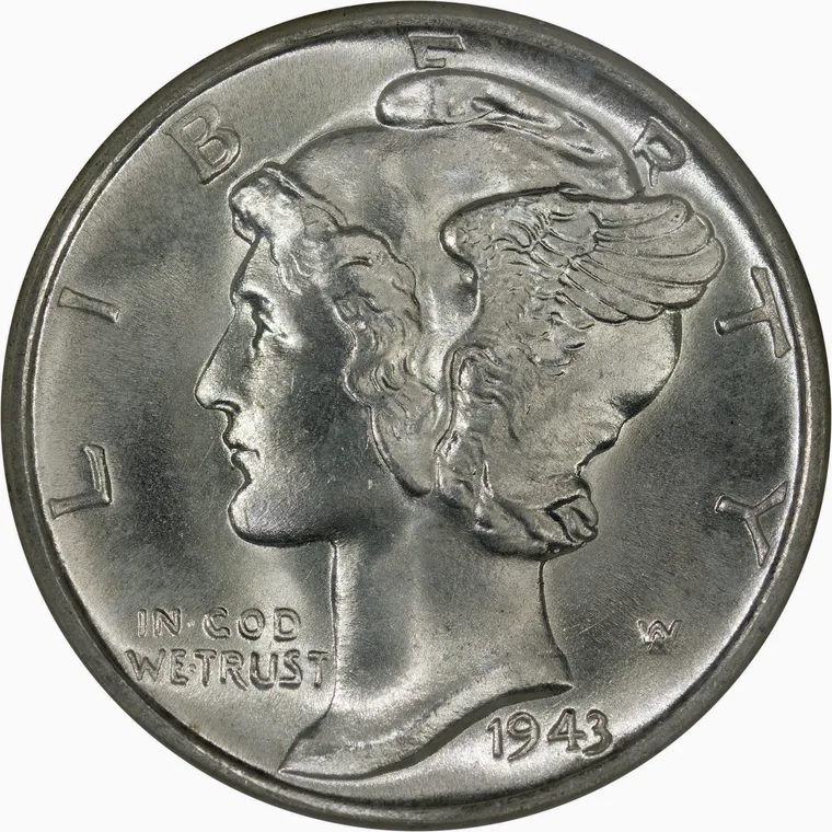 Obverse of a 1943-D Mercury dime showing the Winged Liberty Head design