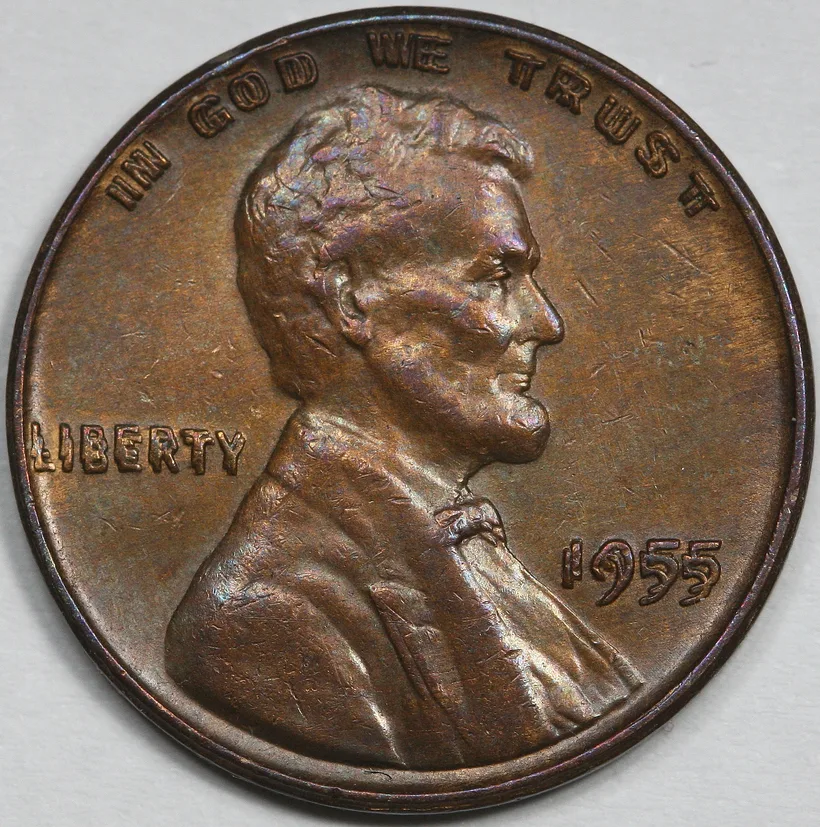 Obverse of a 1955 doubled-die Lincoln cent showing strong doubling in the lettering