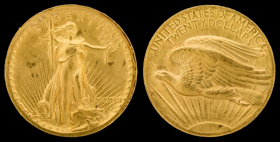 Obverse and reverse of a 1907 Saint-Gaudens twenty-dollar gold double eagle