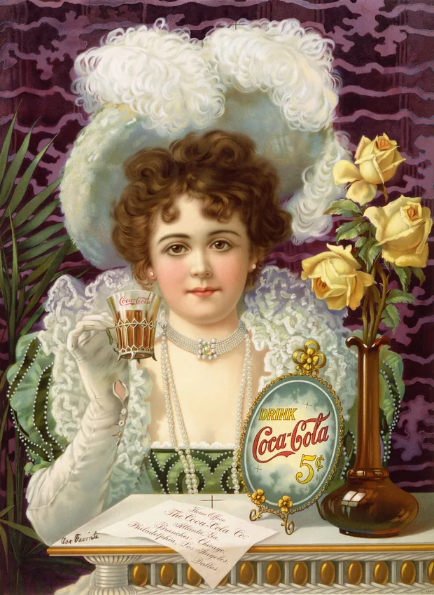An 1900 Coca-Cola advertisement showing a woman in Edwardian dress holding a glass