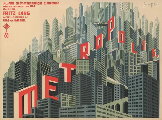 A 1927 art-deco film poster for Metropolis designed by Boris Bilinski