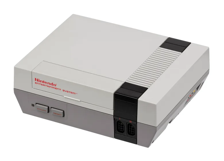 A Nintendo Entertainment System console, front three-quarter view
